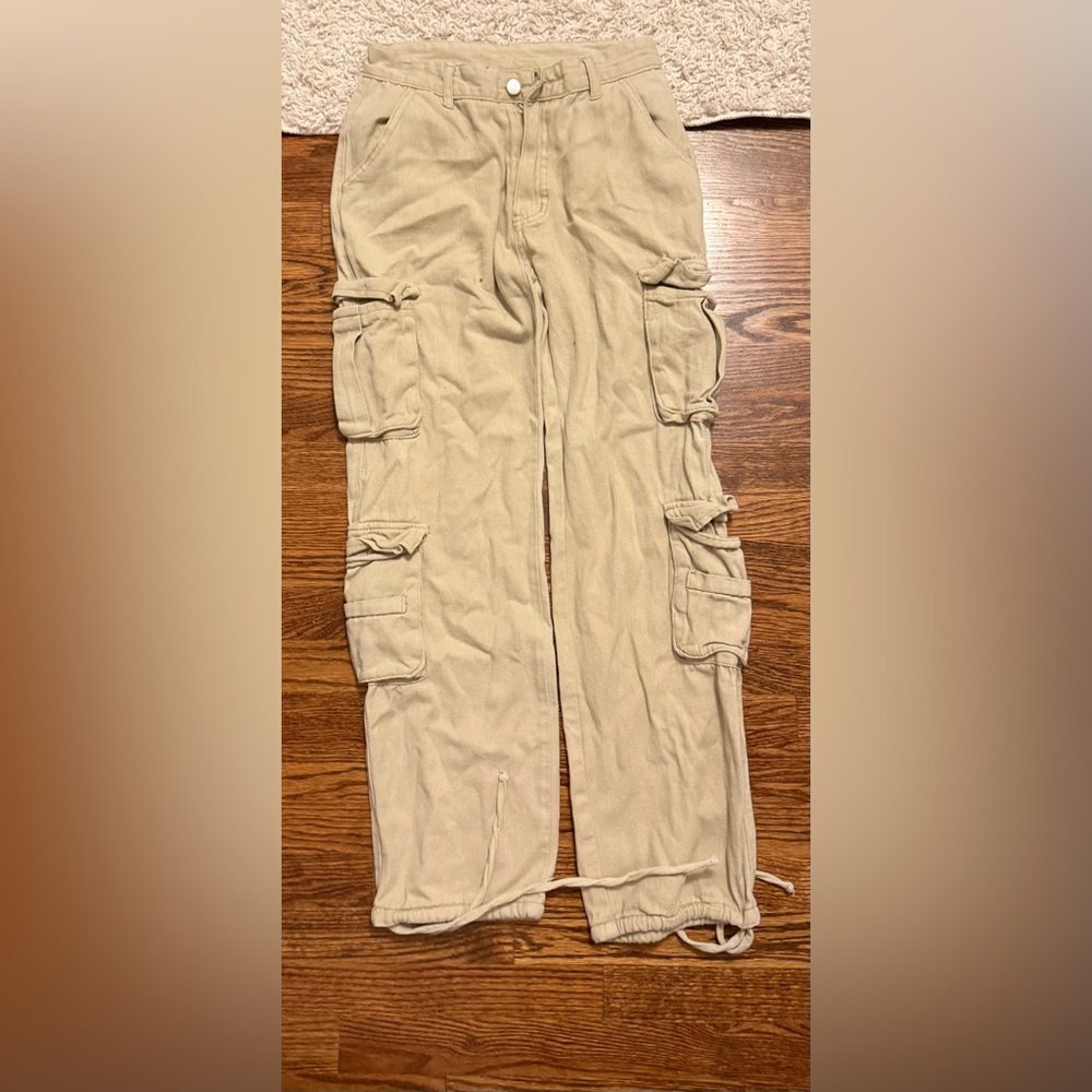 Cream Cargo Pants with Drawstring